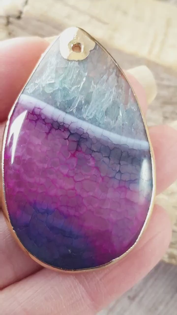 Dragon Vein Agate & Druzy Quartz Geode Pendant, 50x31mm Top Drilled Flat Back Teardrop, Semi Precious Gemstone, Jewelry Making Supplies J1