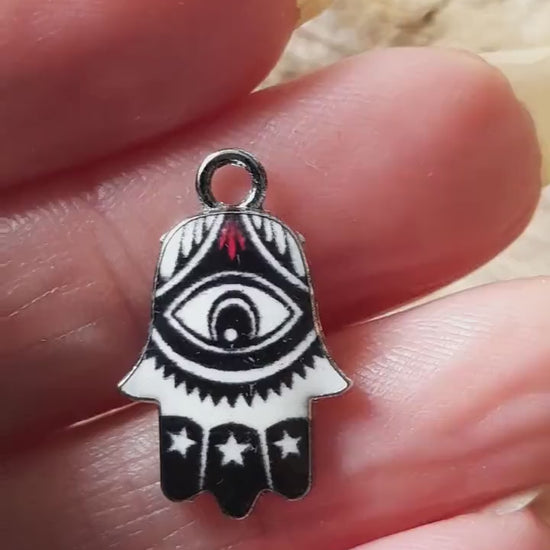 Black Enamel Hamsa Hand Charms Pendants 19x12mm, Evil Eye Protection, Quality Bracelet Charms, Earring Charms, Jewelry Making Supplies