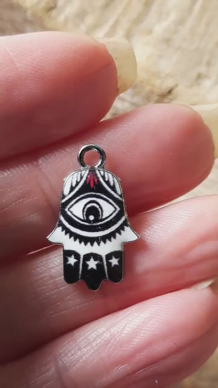 Black Enamel Hamsa Hand Charms Pendants 19x12mm, Evil Eye Protection, Quality Bracelet Charms, Earring Charms, Jewelry Making Supplies