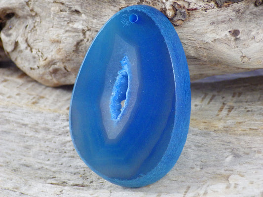 Blue Agate & Druzy Quartz Geode Pendant 51x35mm, Semi Precious Gemstone, Flat Backed Teardrop, Jewelry Supplies UK N3