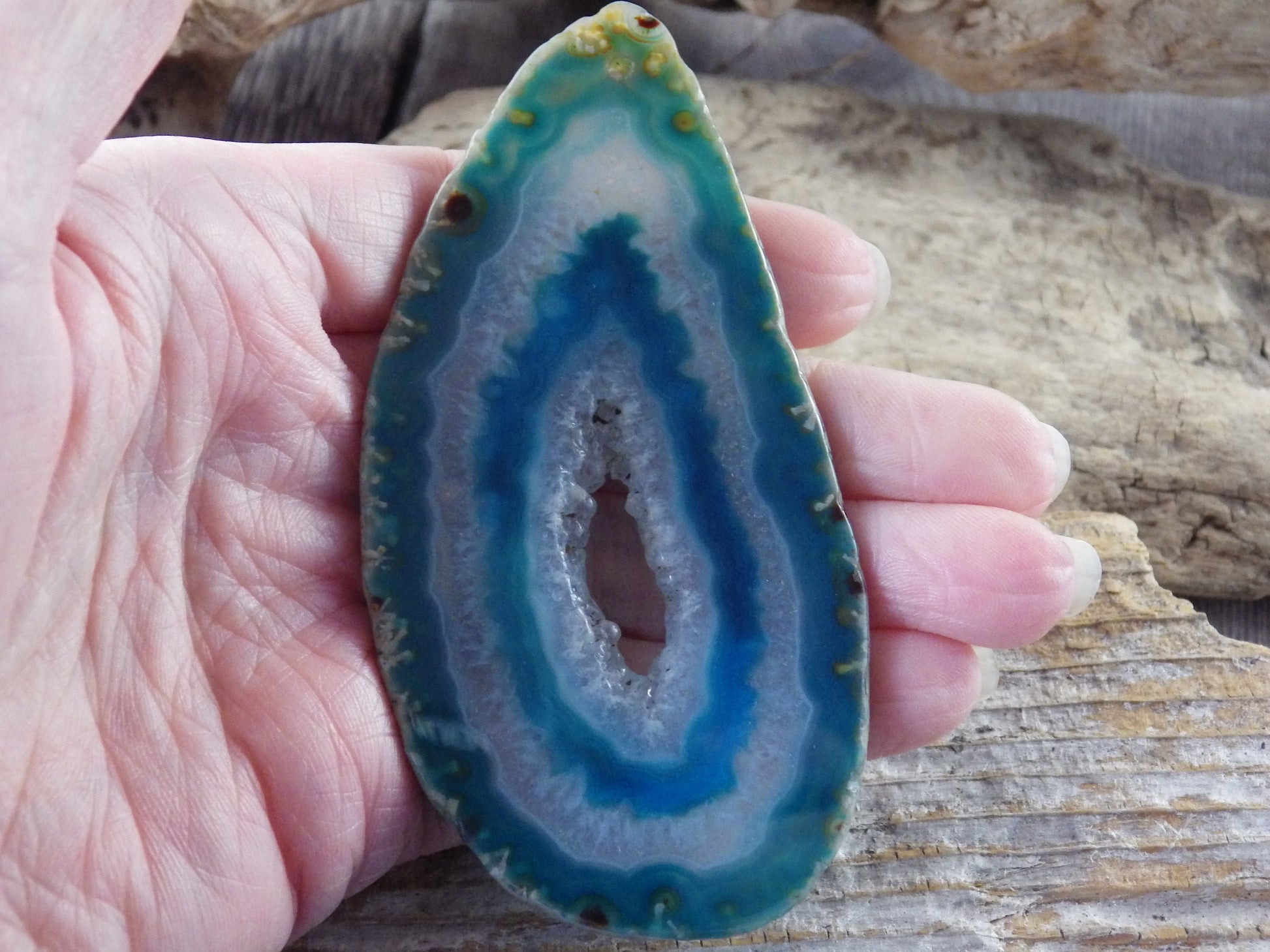 Large Turquoise Blue & White Druzy Quartz Geode Slice Pendant 94x48mm, Semi Precious Gemstone, Flat Back Loose Stone, Jewellery Supplies S2