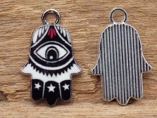 Black Enamel Hamsa Hand Charms Pendants 19x12mm, Evil Eye Protection, Quality Bracelet Charms, Earring Charms, Jewelry Making Supplies