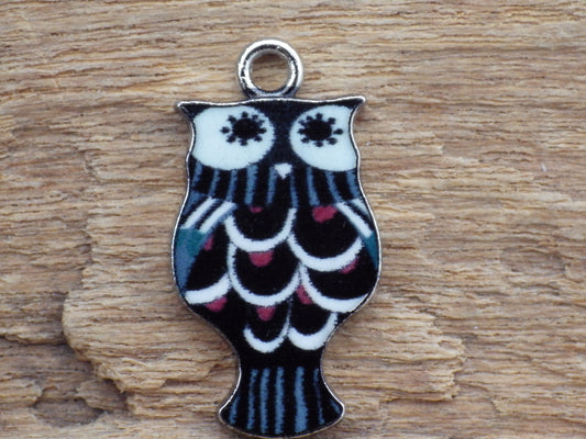 Owl Bird Charms, Enamel Pendants 22x12mm, Quality Wiccan Pagan Earring Bracelet Charms, Goddess Minerva Athena, Jewelry Making Supplies