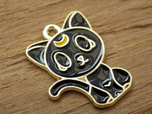 Black Enamel Cat Charm Pendant 23x17mm, Bast Bastet, Quality Witchy Earring Charms, Wiccan Pagan Bracelet Charms, Jewelry Making Supplies #F