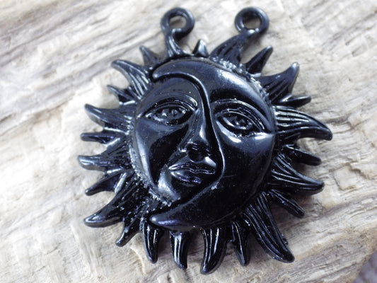 Black Enamel Sun Moon Interlocking Charms Pendants, 31x28mm, Wiccan Pagan Couples Pendant, Jewellery Making Supplies, UK Seller