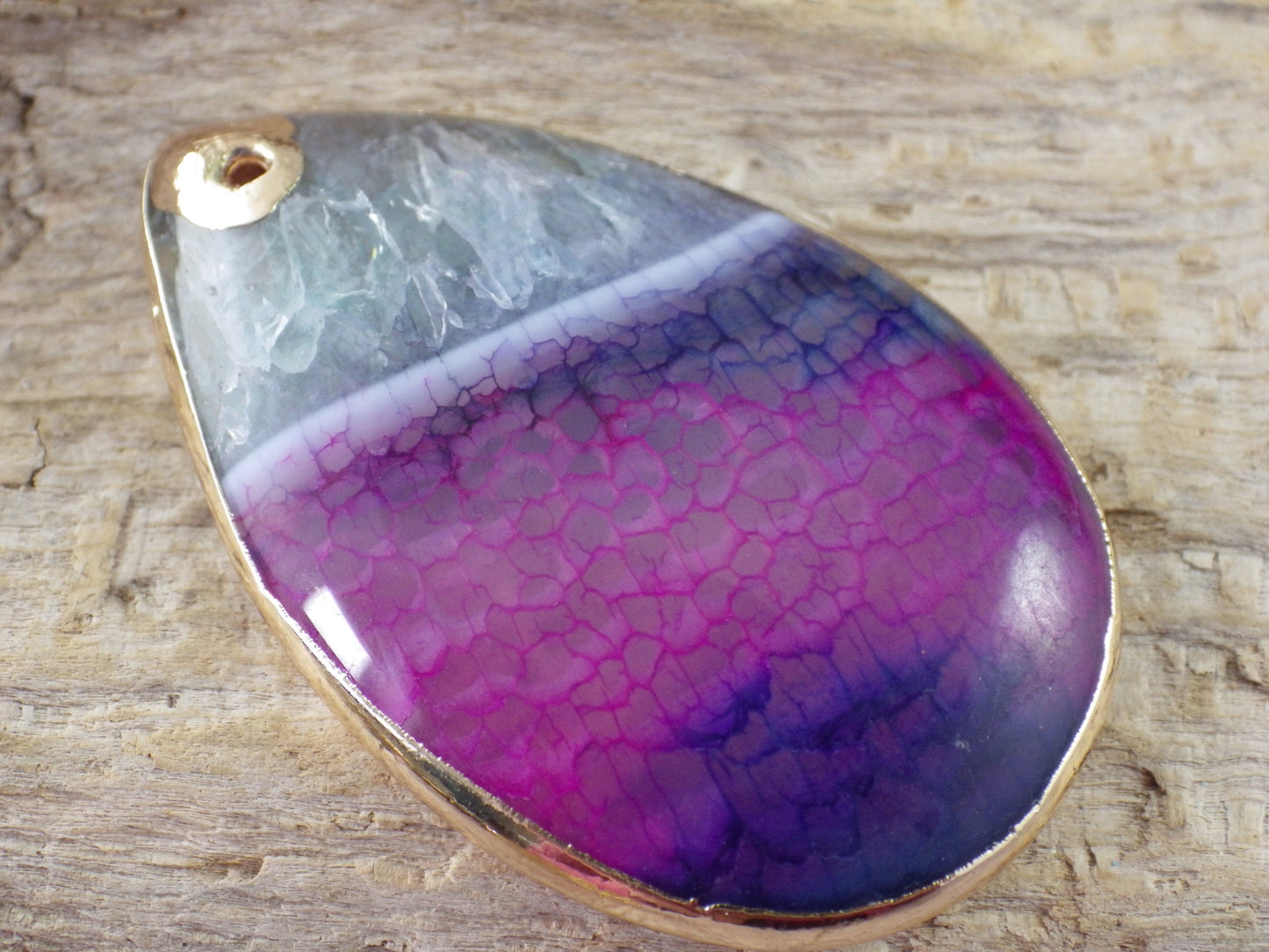 Dragon Vein Agate & Druzy Quartz Geode Pendant, 50x31mm Top Drilled Flat Back Teardrop, Semi Precious Gemstone, Jewelry Making Supplies J1