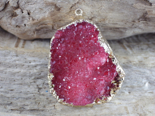 Red Druzy Quartz Geode Crystal Pendant, 34x25mm Semi Precious Gemstone, Focal Bead Loose Stone, Jewelry Making Supplies, UK T5